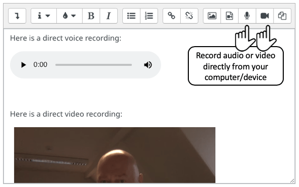 Moodle editor showing location of buttons for recording audio and video