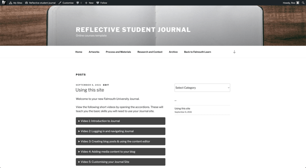 Screenshot of the homepage of a blank student Journal using the default template.