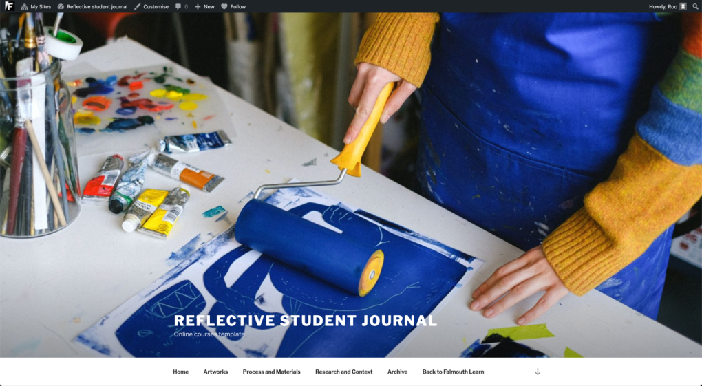 Screenshot of the homepage of a customised Falmouth Journal. A large colourful banner image demonstrates the impact of simple customisation